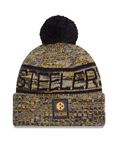 New Era Men's Gold Pittsburgh Steelers 2025 Sideline Cold Weather Cuffed Pom With Knit Hat In Black