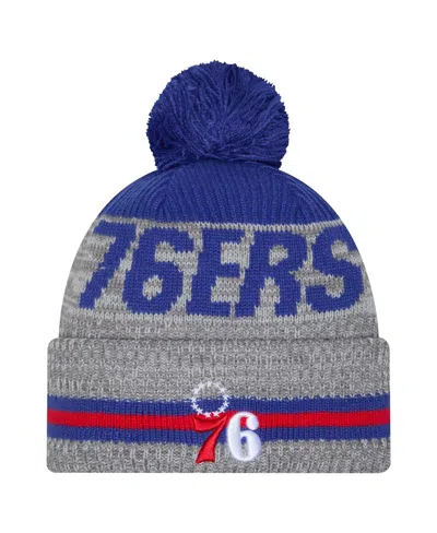 New Era Men's Gray Philadelphia 76ers Sport Night Runner Cuffed With Pom Knit Hat