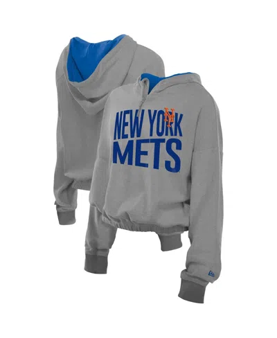 New Era Men's Heather Gray New York Mets Reversed Out French Terry Quarter-zip Banded Crop Hoodie