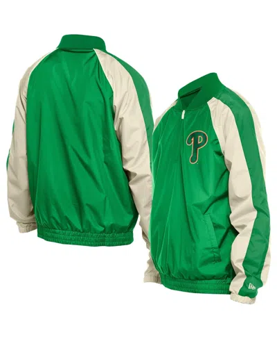 NEW ERA MEN'S KELLY GREEN PHILADELPHIA PHILLIES RIPSTOP RAGLAN QUARTER-ZIP HOODIE WINDBREAKER JACKET