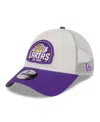 New Era Men's Khaki/purple Los Angeles Lakers Throwback Patch Trucker 9forty Adjustable Hat In Khaki Purp
