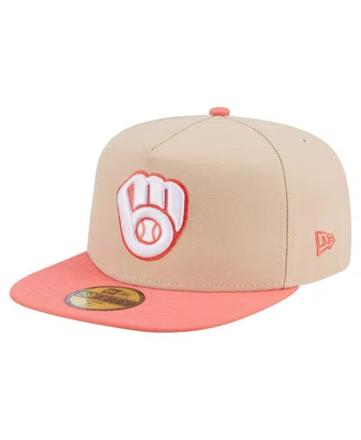 New Era Men's Light Beige/coral Milwaukee Brewers Two-tone Color Pack A-frame 59fifty Fitted Hat