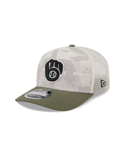 New Era Men's Light Beige/olive Milwaukee Brewers 2025 Armed Forces Day 9seventy Adjustable Hat