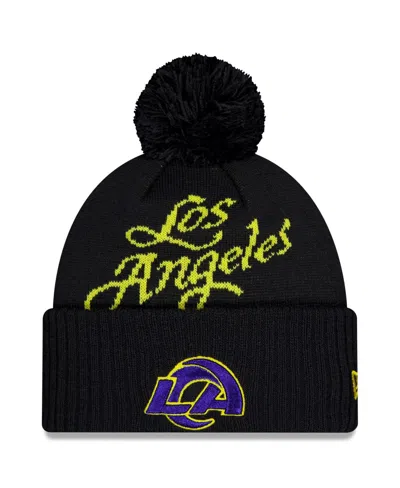 New Era Men's Midnight Blue Los Angeles Rams 2025 Rivalries Collection Sideline Cuffed Pom With Knit Hat In Black