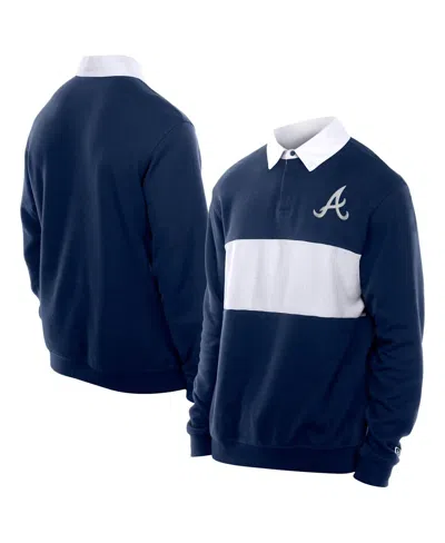 New Era Men's Navy Atlanta Braves Throwback Prep Color Block Rugby Polo Shirt In Blue
