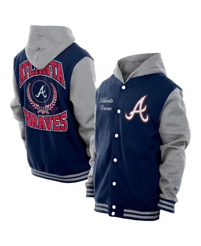 New Era Men's Navy Atlanta Braves Throwback Prep Full-snap Hoodie Jacket In Blue