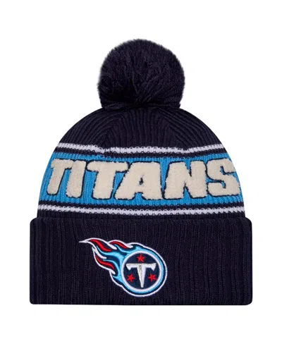 New Era Men's Navy Tennessee Titans 2024 Sideline Cuffed With Pom Knit Hat In Blue