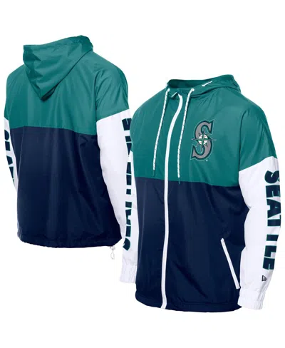 New Era Men's Navy/aqua Seattle Mariners Color Block Full-zip Hoodie Windbreaker Jacket