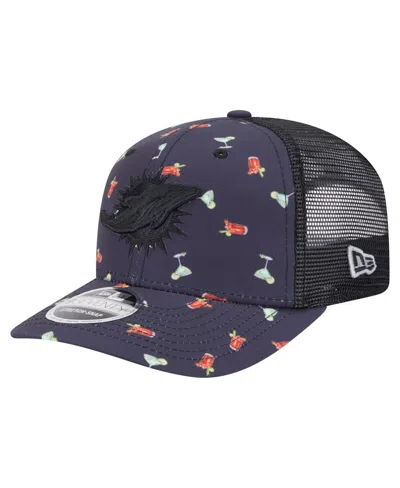 New Era Men's Navy/black Miami Dolphins Adventure Drinks Pattern 9seventy Stretch Snap Hat