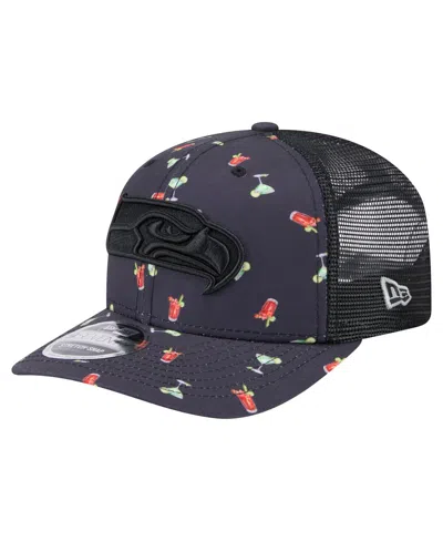 New Era Men's Navy/black Seattle Seahawks Adventure Drinks Pattern 9seventy Stretch Snap Hat