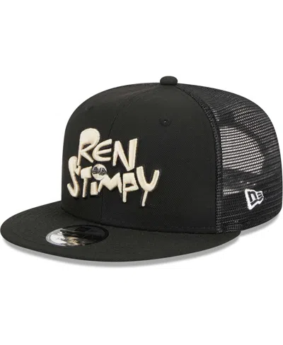 New Era Men's  Black The Ren & Stimpy Show Trucker 9fifty Snapback Hat