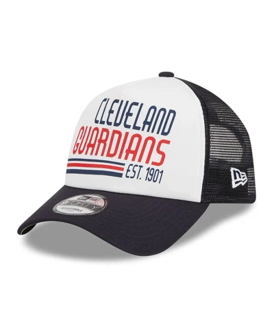 New Era Men's  White, Navy Cleveland Guardians Stacked A-frame Trucker 9forty Adjustable Hat In White,navy