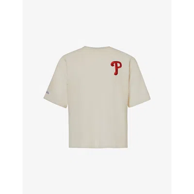 New Era Mens Off White Letter-embroidered Relaxed-fit Cotton-blend T-shirt