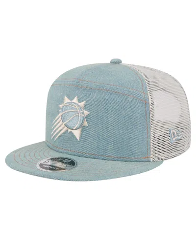 New Era Men's Phoenix Suns Adventure Denim Split Panel 9fifty Snapback Trucker Hat In Blue