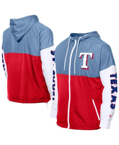 New Era Men's Red/light Blue Texas Rangers Color Block Full-zip Hoodie Windbreaker Jacket