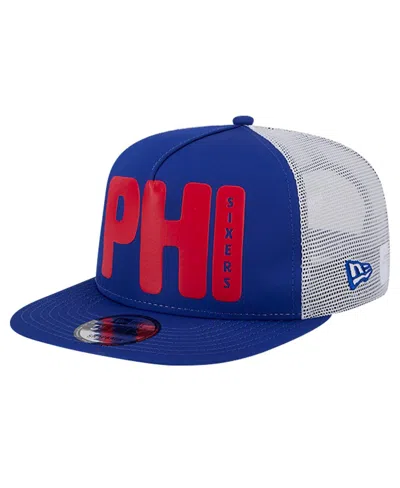New Era Men's Royal Philadelphia 76ers Puff Print Team Code A-frame 9fifty Trucker Snapback Hat In Royal,white