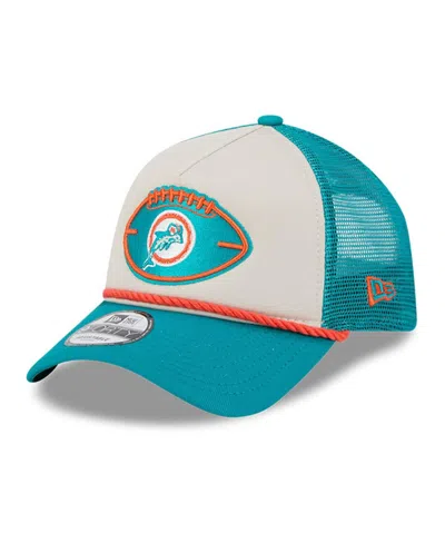 New Era Men's Stone/aqua Miami Dolphins 2024 Sideline Historic 9forty A-frame Trucker Adjustable Hat In Stone,aqua