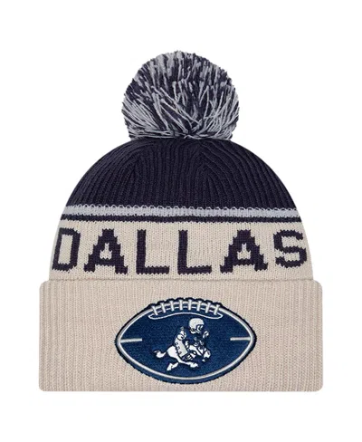New Era Men's Stone/navy Dallas Cowboys Nfl Sideline Historic Cuffed Knit Hat With Pom In Stone,navy