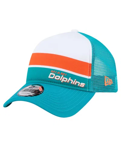 New Era Men's White/aqua Miami Dolphins Color-block 9forty A-frame Trucker Adjustable Hat In Blue