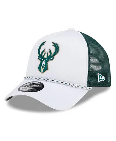 New Era Men's White/hunter Green Milwaukee Bucks Court Sport Foam A-frame 9forty Adjustable Trucker Hat In White,hunter Green