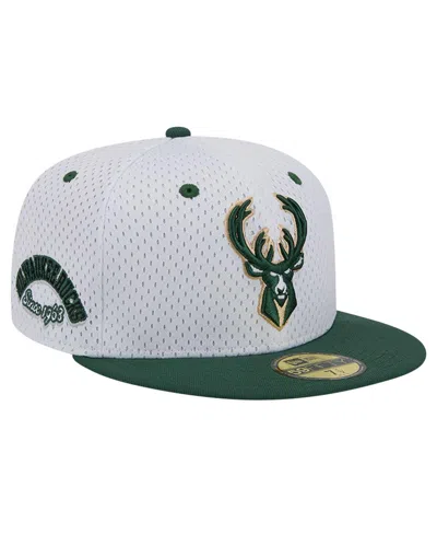 New Era Men's White/hunter Green Milwaukee Bucks Throwback 2tone 59fifty Fitted Hat In White,hunter Green