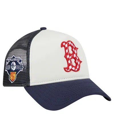 New Era Men's White/navy Boston Red Sox Checkered Flag A-frame Trucker 9forty Adjustable Hat In White,navy