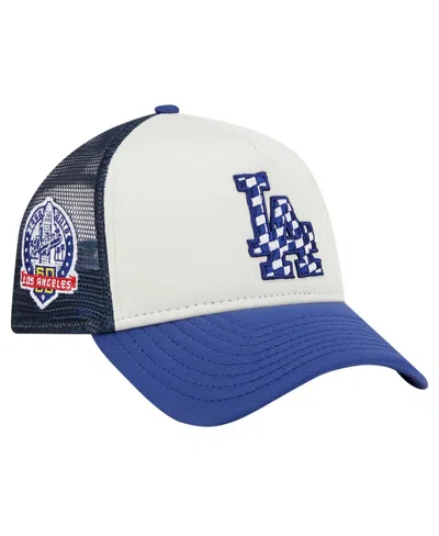 New Era Men's White/royal Los Angeles Dodgers Checkered Flag A-frame Trucker 9forty Adjustable Hat In White,royal