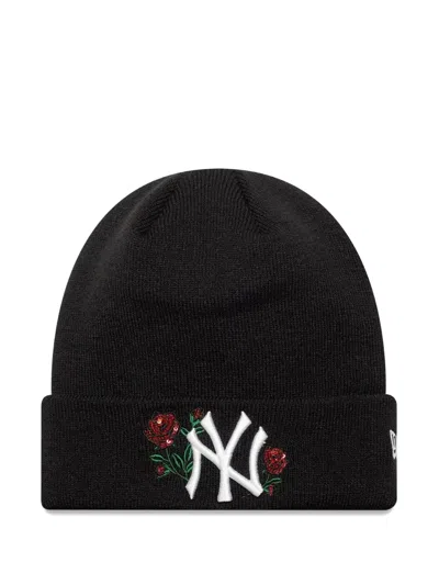 New Era New York Yankees Mlb Sequin-embellished Rose-embroidered Beanie Hat In Black
