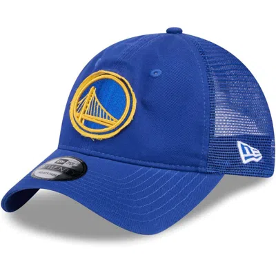 New Era Royal Golden State Warriors Rough Edge Logo Trucker 9twenty Adjustable Hat In Blue
