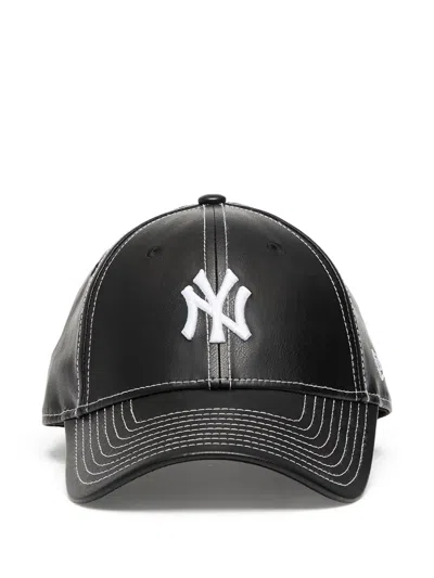 New Era Topstitch Leather Cap In Black