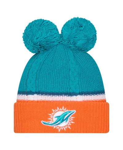 New Era Women's Aqua Miami Dolphins Double Bubble Cuffed With Pom Knit Hat In Blue