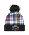 New Era Women's Black Green Bay Packers 2024 Nfl Crucial Catch Cuffed Knit Hat With Pom In Black