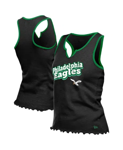 New Era Women's Black Philadelphia Eagles Lettuce Hem Notch Neck Tri-blend Tank Top
