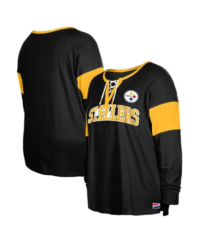 New Era Women's Black Pittsburgh Steelers Plus Size Lace-up Notch Neck Long Sleeve T-shirt