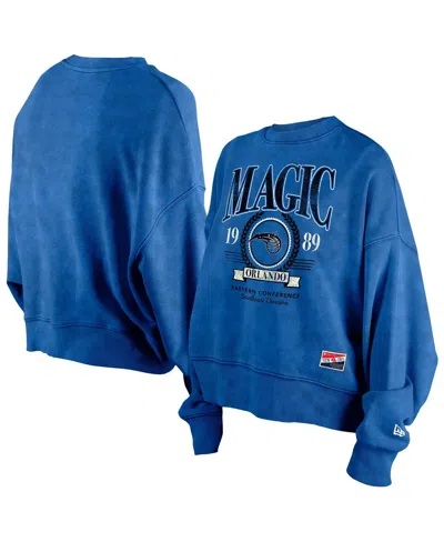NEW ERA WOMEN'S BLUE ORLANDO MAGIC HARDWOOD CLASSICS ENZYME WASH OVERSIZED BOXY PULLOVER SWEATSHIRT