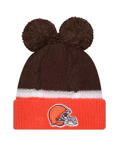 New Era Women's Brown Cleveland Browns Double Bubble With Poms Cuffed Knit Hat In Multi