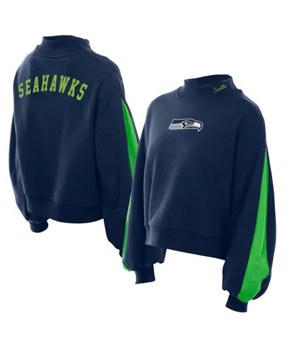 New Era Women's College Navy Seattle Seahawks Sport Night Mock Neck Balloon Sleeve Pullover Sweatshirt In Blue
