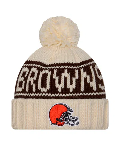 New Era Women's Cream Cleveland Browns 2024 Sideline Cuffed Knit Hat With Pom