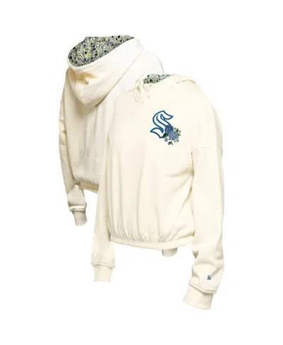 NEW ERA WOMEN'S CREAM SEATTLE KRAKEN GLAM GAME QUARTER-ZIP CROPPED FLORAL PULLOVER HOODIE