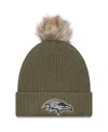 New Era Women's Dark Green Baltimore Ravens 2025 Salute To Service Cuffed Knit With Pom Hat In Green