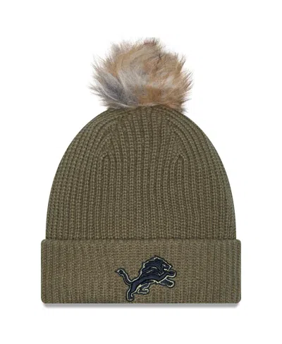 New Era Women's Dark Green Detroit Lions 2025 Salute To Service Cuffed Knit With Pom Hat In Brown