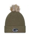 New Era Women's Dark Green Green Bay Packers 2025 Salute To Service Cuffed Knit With Pom Hat In Brown