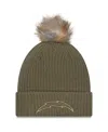 New Era Women's Dark Green Los Angeles Chargers 2025 Salute To Service Cuffed Pom With Knit Hat In Green