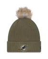 New Era Women's Dark Green Miami Dolphins 2025 Salute To Service Cuffed Pom With Knit Hat In Green
