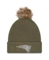 New Era Women's Dark Green New England Patriots 2025 Salute To Service Cuffed Knit With Pom Hat In Green