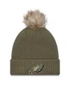 New Era Women's Dark Green Philadelphia Eagles 2025 Salute To Service Cuffed Knit With Pom Hat In Brown
