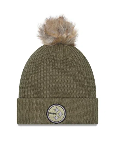 New Era Women's Dark Green Pittsburgh Steelers 2025 Salute To Service Cuffed Knit With Pom Hat In Brown