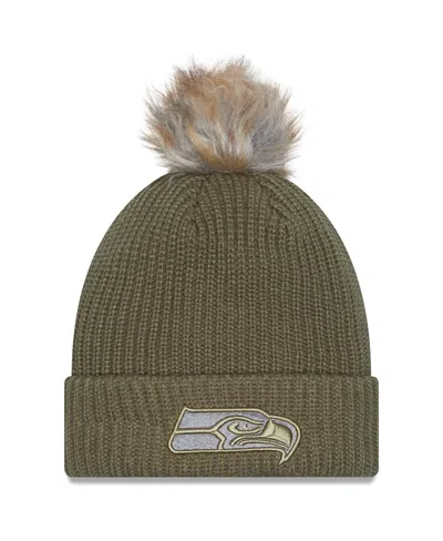 New Era Women's Dark Green Seattle Seahawks 2025 Salute To Service Cuffed Pom With Knit Hat