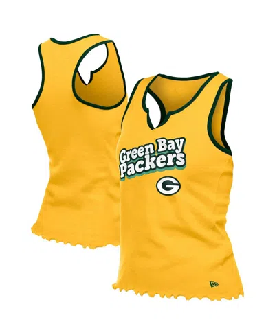 New Era Women's Gold Green Bay Packers Lettuce Hem Notch Neck Tri-blend Tank Top In Yellow