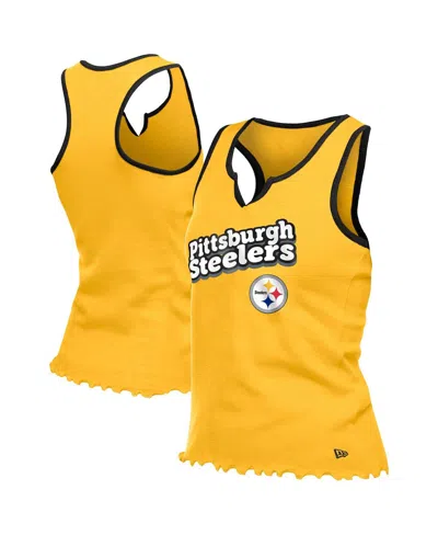 New Era Women's Gold Pittsburgh Steelers Lettuce Hem Notch Neck Tri-blend Tank Top In Yellow